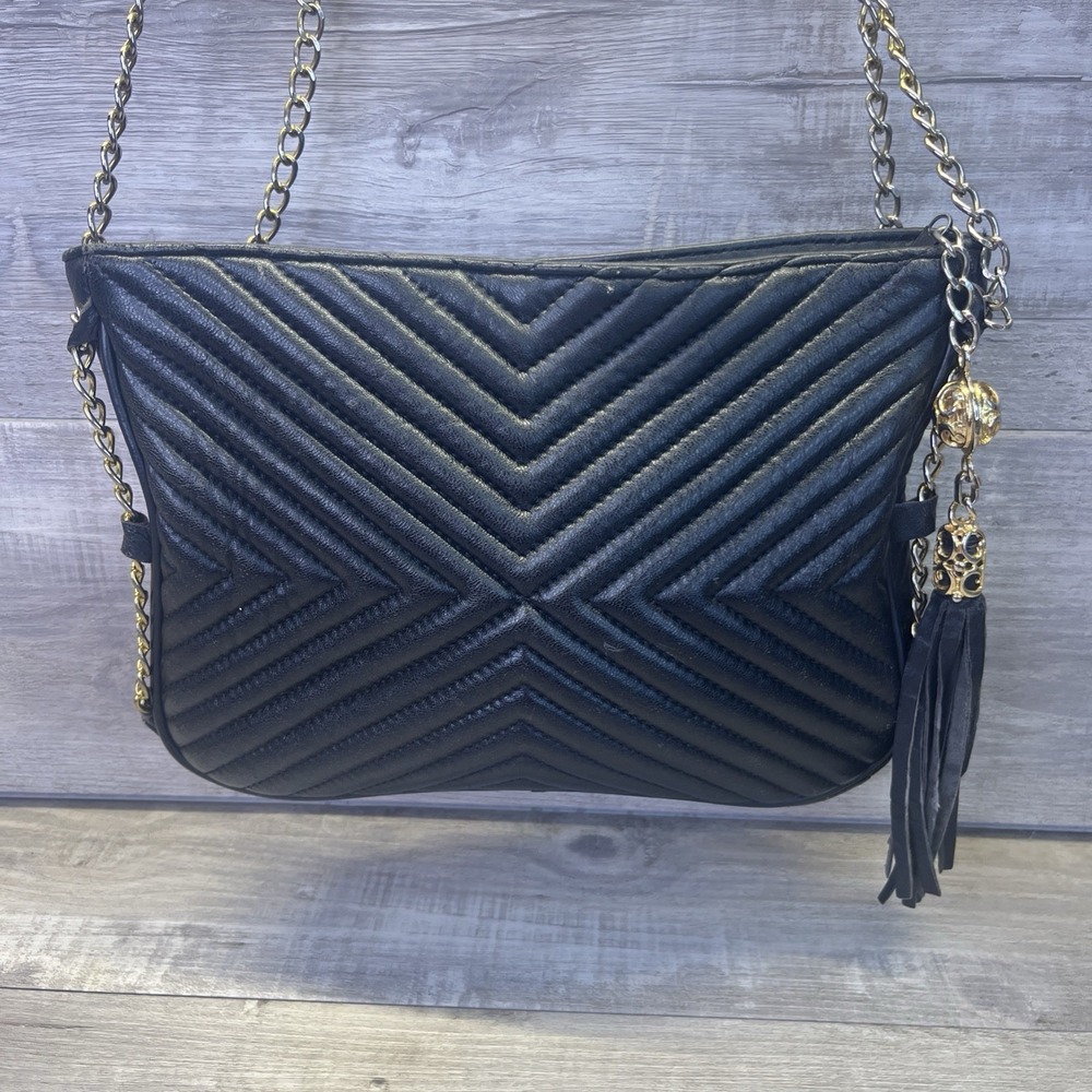 Paris Handbags New York Genuine Leather Chevron Black Chain Tassel Shoulder Bag